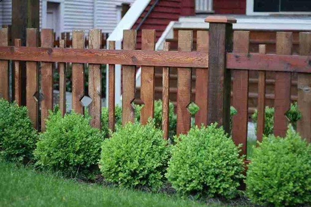 Professional installer securing cedar fence boards with a power drill in a residential backyard.