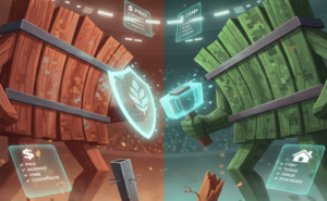 Creative illustration comparing cedar versus pressure-treated pine fencing options for Rockwall homeowners