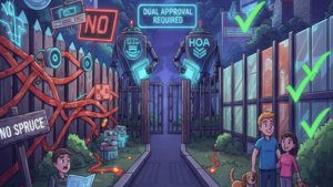 Animated concept showing HOA fence approval process for Rockwall, TX homeowners with compliance checks