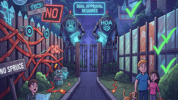 Animated concept showing HOA fence approval process for Rockwall, TX homeowners with compliance checks