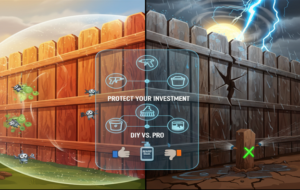 Educational graphic comparing professional cedar fence maintenance versus DIY care under Rockwall, TX weather conditions.