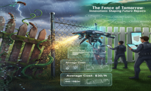 Futuristic illustration showing advanced fence repair technologies and cost analysis for Rockwall, TX properties